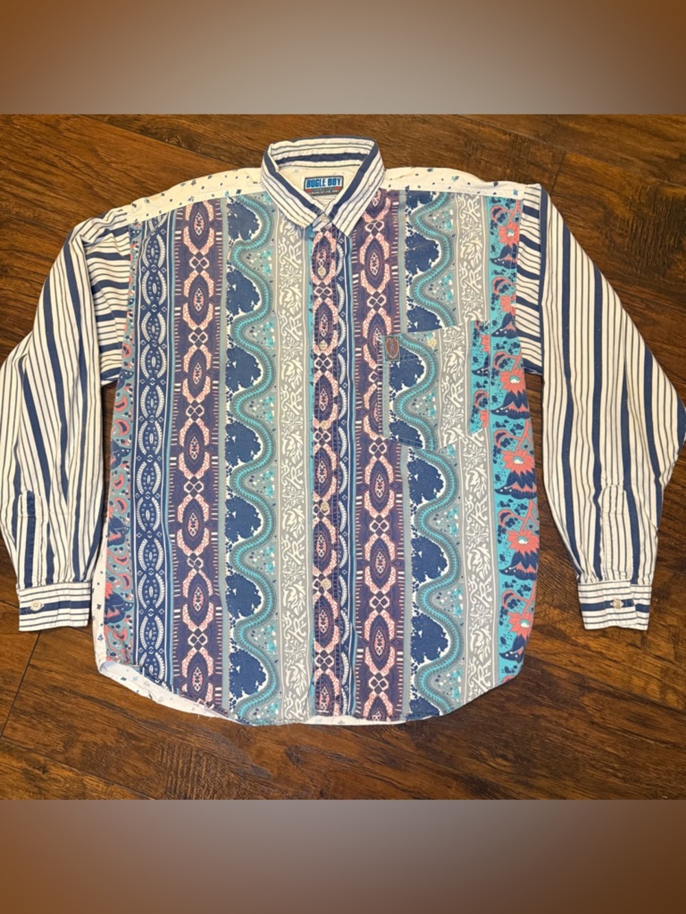 Vtg 90s Retro Bugle Boy Mixed Media Shirt Small Maximalist Tribal Floral Street